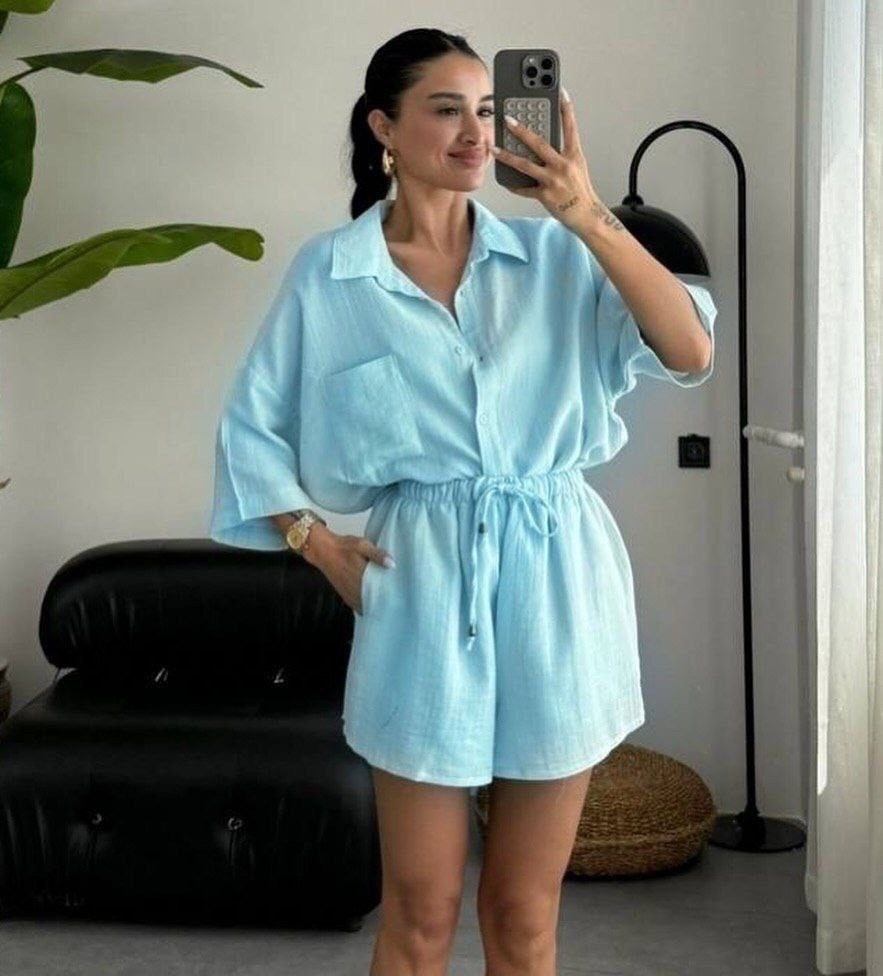 костюм с шортами из марлевки,костюм женский с шортами,костюм женский с шортами и рубашкой,стильные костюмы,костюмы летние с шортами