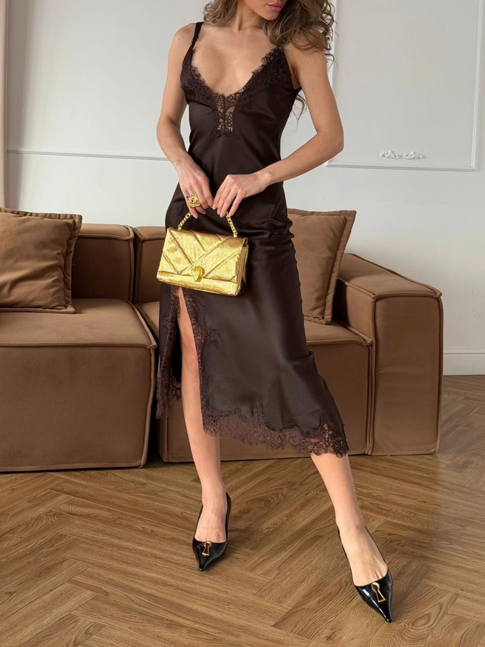 шелковое платье комбинация миди шоколадного цвета коричневое,платье krasa мб0121-21 шоколад,шоколадное платье комбинация,шоколадное платье-комбинация миди с бретельками topshop,шелковое платье комбина