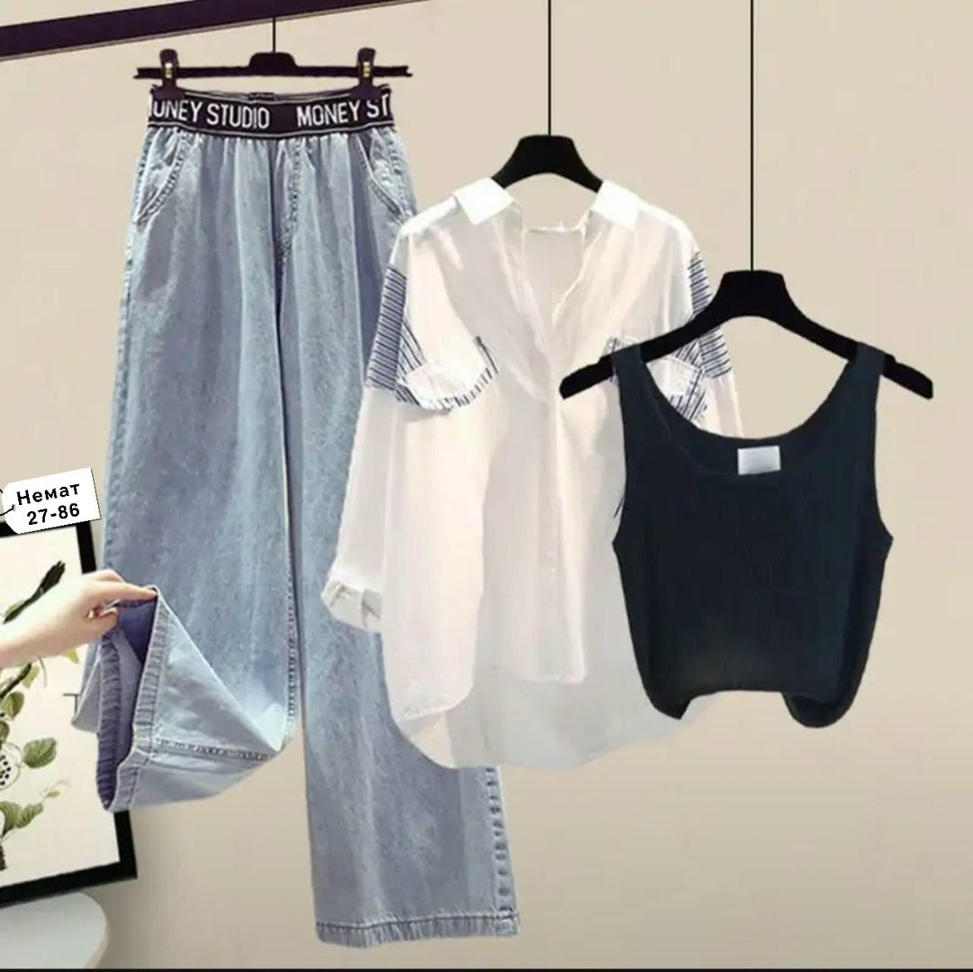 комплекты одежды,рубашка женская в полоску,женский комплект из трех предметов,джинсы в корейском стиле,женские летние комплекты