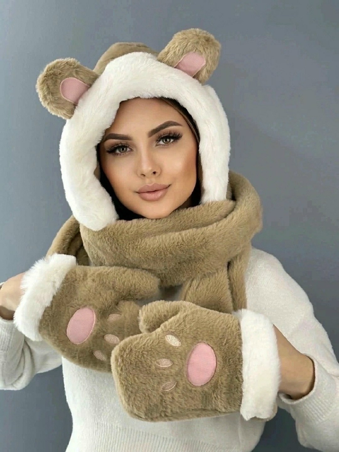 шапка шарф с ушками и с кармашками меховая,шапка меховая утеплённая с варежками,шапка комплект шарфом,шапка с шарфом,шапка шарф перчатки