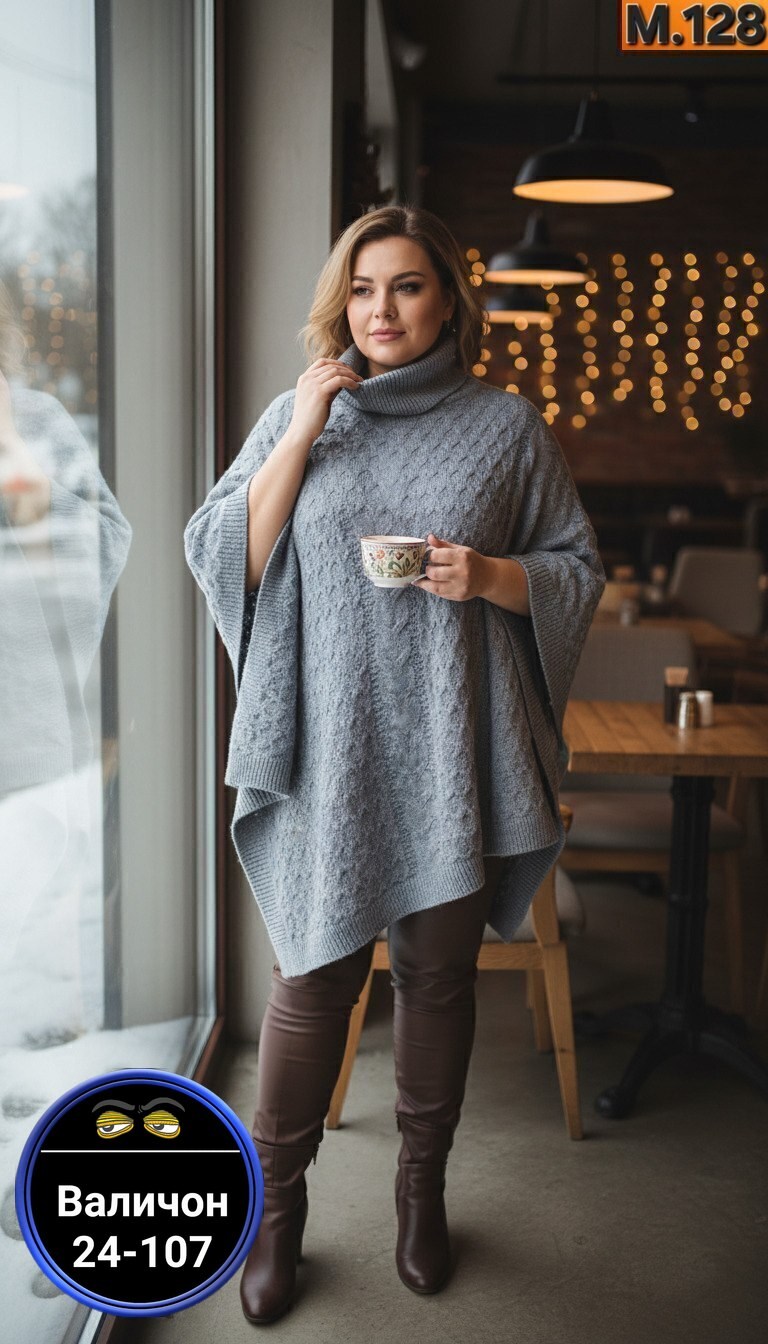 вязаное пончо,пончо женское,пончо спицами,пончо с высоким воротником,свитер накидка