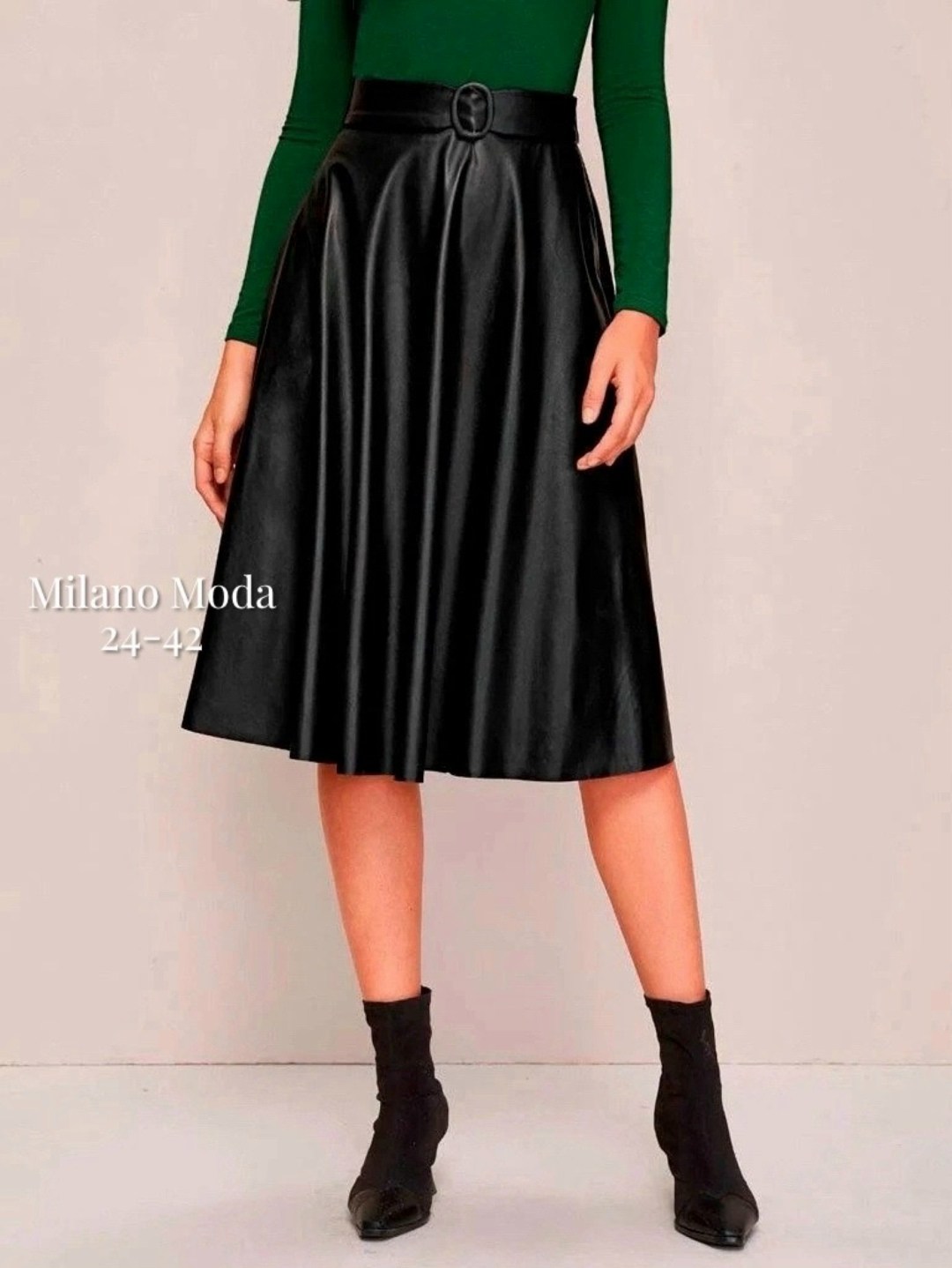 юбка chumakova 24 черный размер 42-52,расклешенная юбка из искусственной кожи с поясом,юбка трапеция из экокожи,юбка chumakova 24 черный,юбка кожаная миди