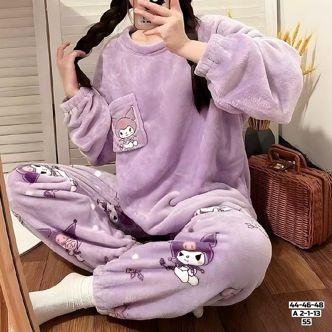 пижама плюшевая теплая со штанами bao_ngoc сиреневый,пижама плюшевая теплая со штанами bao_ngoc,пижама панда женская,теплая пижама,милая пижама sanrios кораллового флиса