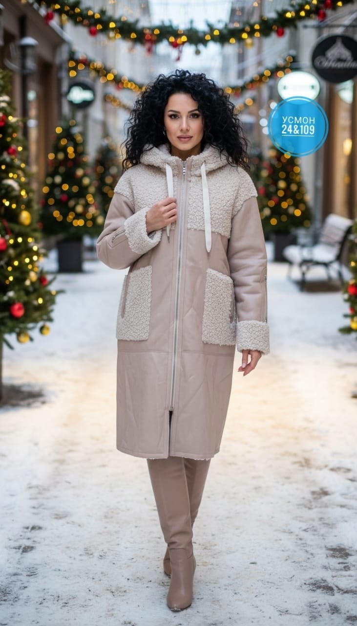дубленка женская каляев 69766 бежевая 44 ru,эко дубленка,искусственная дублёнка,дубленка бежевая,дубленка