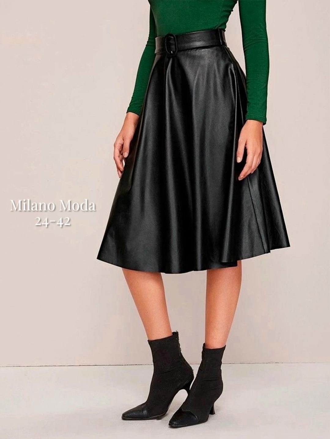 юбка chumakova 24 черный размер 42-52,расклешенная юбка из искусственной кожи с поясом,юбка трапеция из экокожи,юбка chumakova 24 черный,юбка кожаная миди