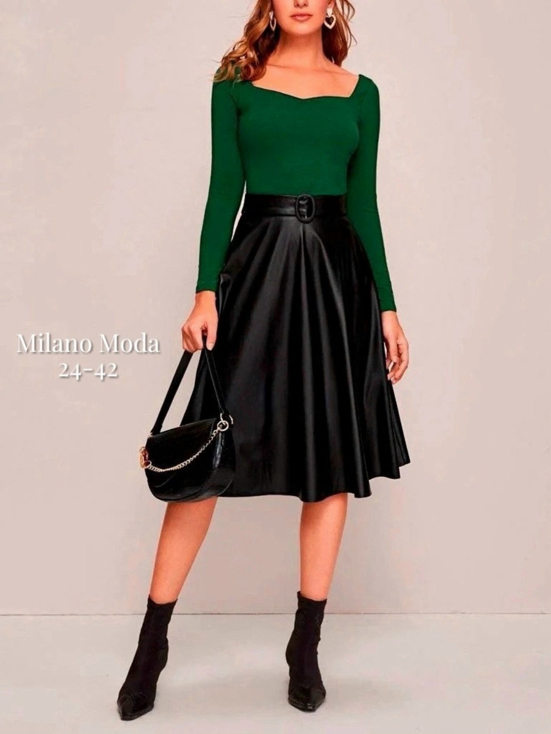 юбка chumakova 24 черный размер 42-52,расклешенная юбка из искусственной кожи с поясом,юбка трапеция из экокожи,юбка chumakova 24 черный,юбка кожаная миди