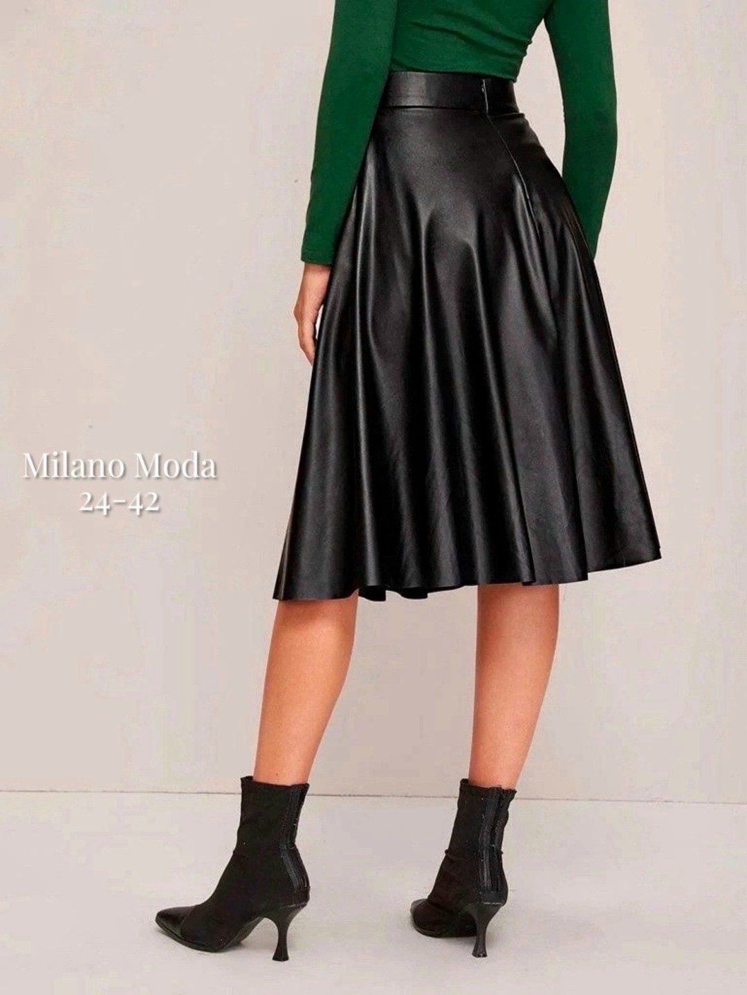 юбка chumakova 24 черный размер 42-52,расклешенная юбка из искусственной кожи с поясом,юбка трапеция из экокожи,юбка chumakova 24 черный,юбка кожаная миди