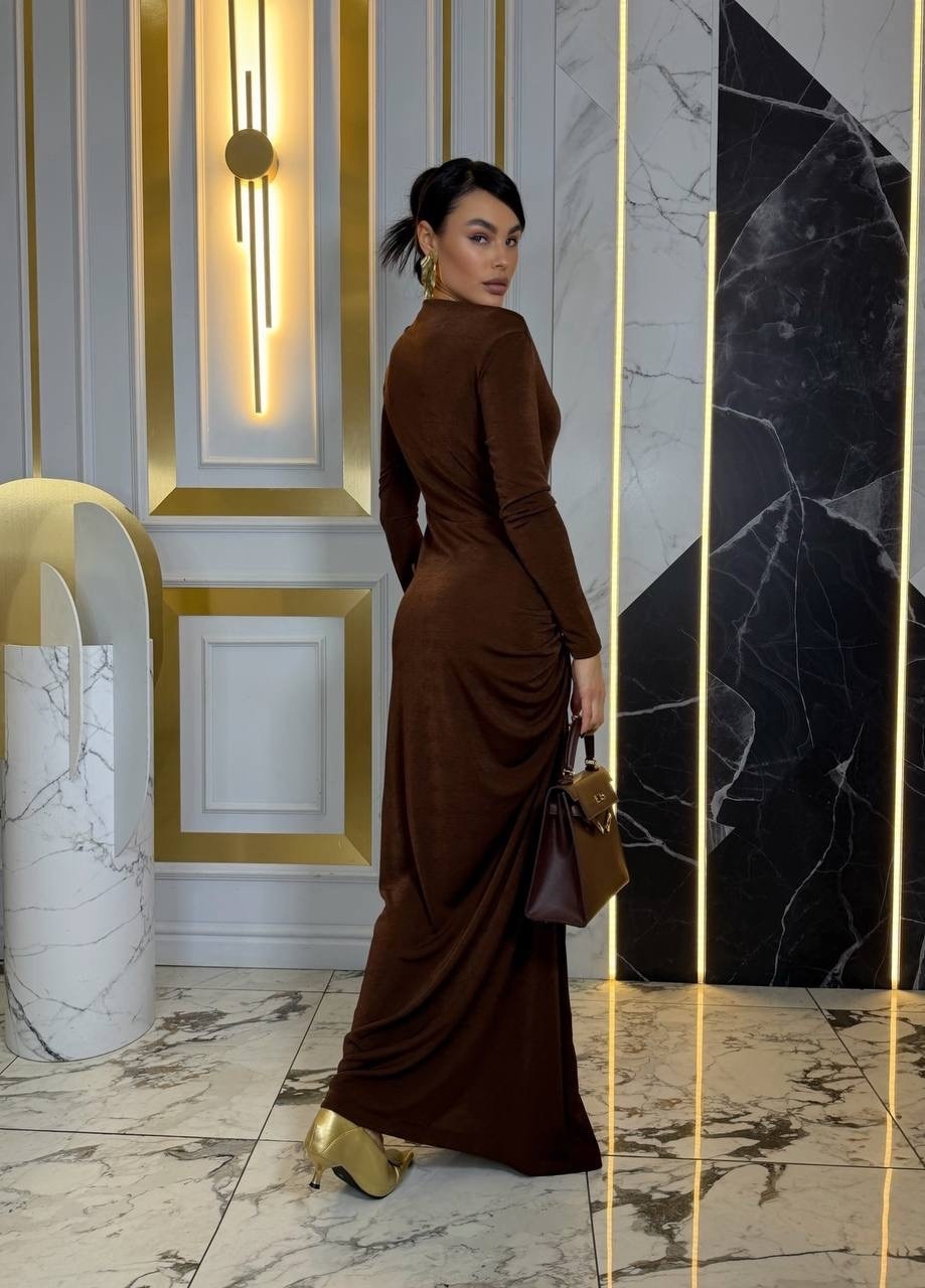 вечернее платье,платье,платье коричневое,платье макси на одно плечо с узлом и драпировкой на юбке,женское длинное элегантное плиссированное платье s коричневый