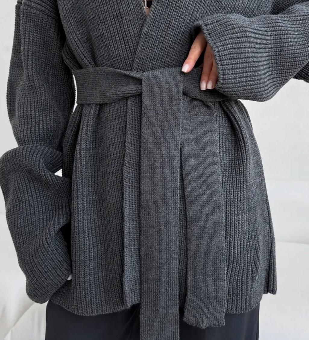 кардиган крупной вязки с поясом miederes цвет серый,кардиган с поясом,кардиган крупной вязки с поясом (серый) miederes,кардиган,кардиган вязаное