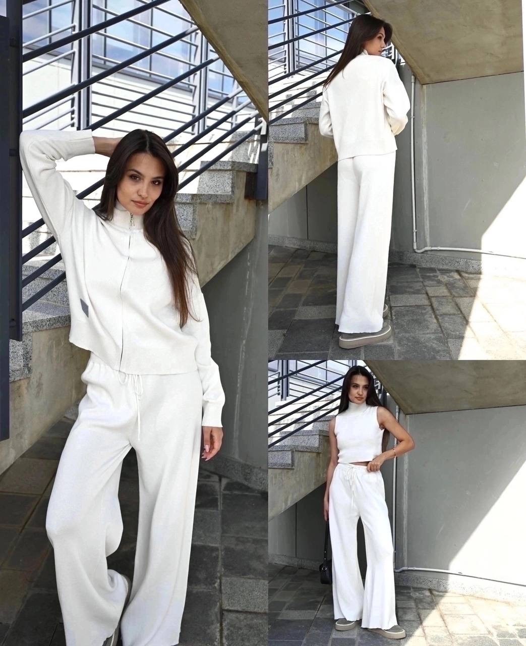 костюм женский,костюм брючный тройка,костюм белый,трикотажный костюм,трикотажный брючный костюм