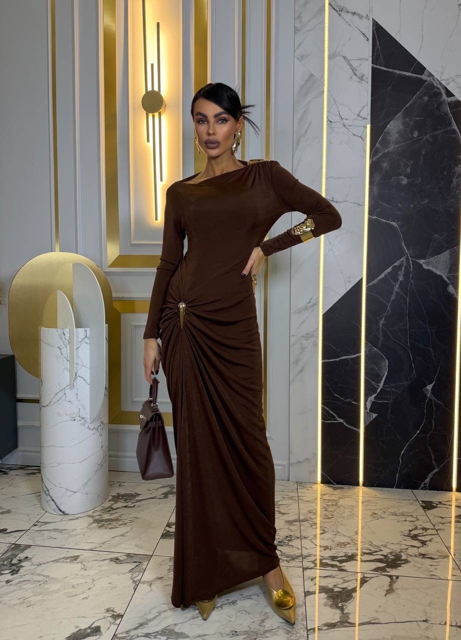 вечернее платье,платье,платье коричневое,платье макси на одно плечо с узлом и драпировкой на юбке,женское длинное элегантное плиссированное платье s коричневый