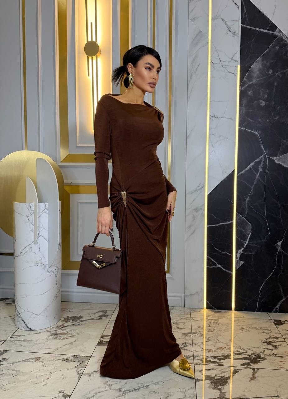 вечернее платье,платье,платье коричневое,платье макси на одно плечо с узлом и драпировкой на юбке,женское длинное элегантное плиссированное платье s коричневый