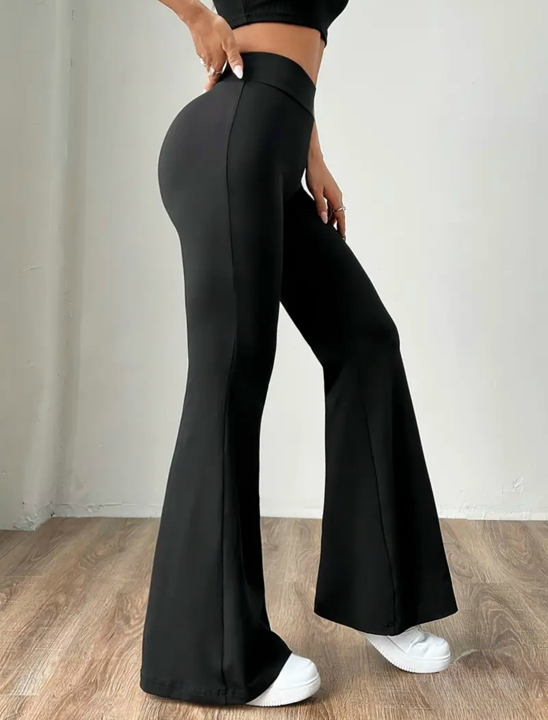 женские весенне-летние облегающие расклешенные брюки с высокой талией,женские леггинсы с высокой талией и широкими штанинами - черные,женские летние брюки-клеш с v-образным вырезом,женские черные раск