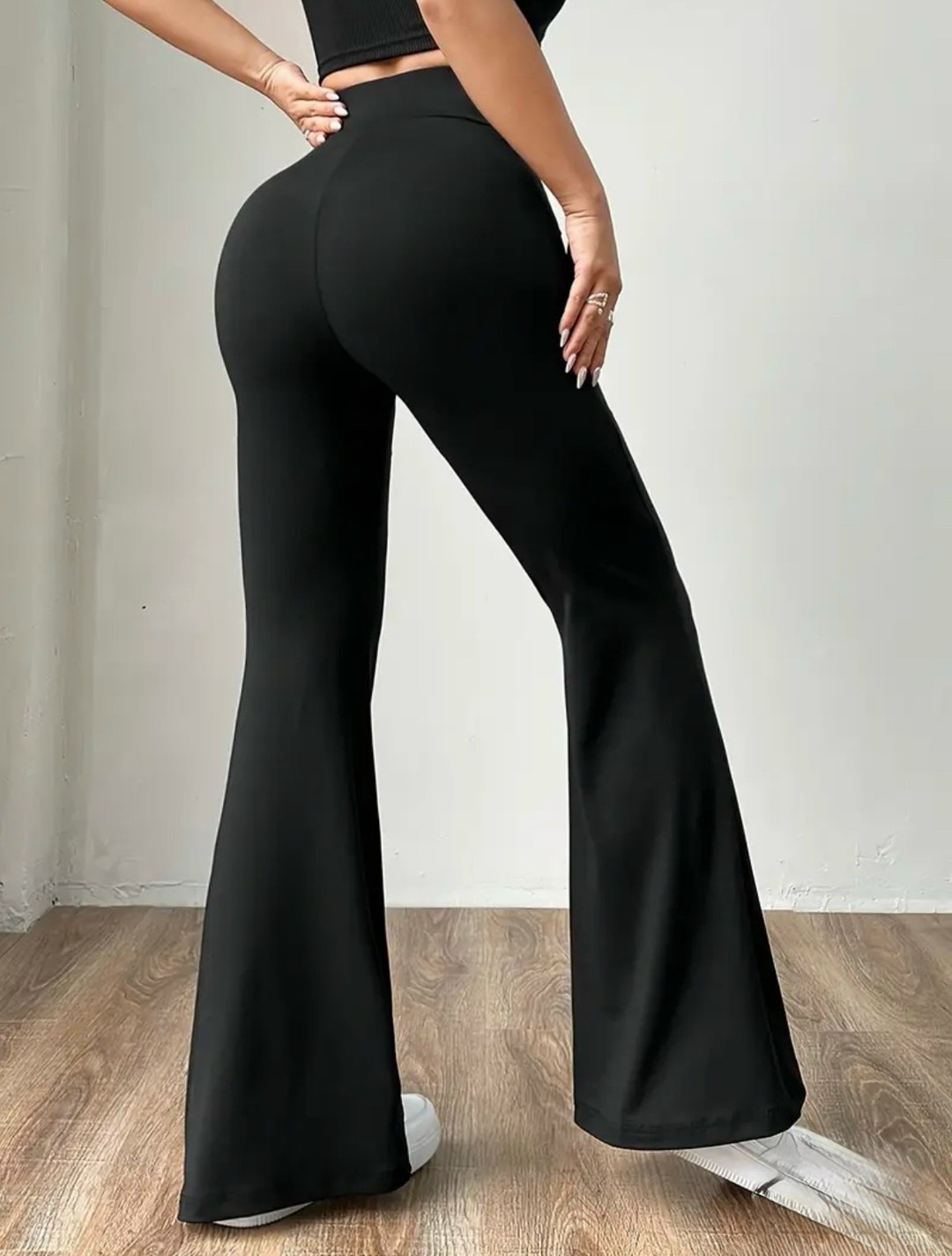 женские весенне-летние облегающие расклешенные брюки с высокой талией,женские леггинсы с высокой талией и широкими штанинами - черные,женские летние брюки-клеш с v-образным вырезом,женские черные раск