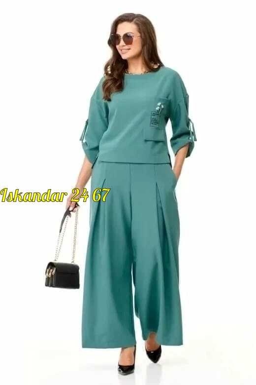 женские костюмы больших размеров,женские костюмы,женский костюм двойка,блуза, кюлоты taita plus 2319 бирюза,брючный костюм