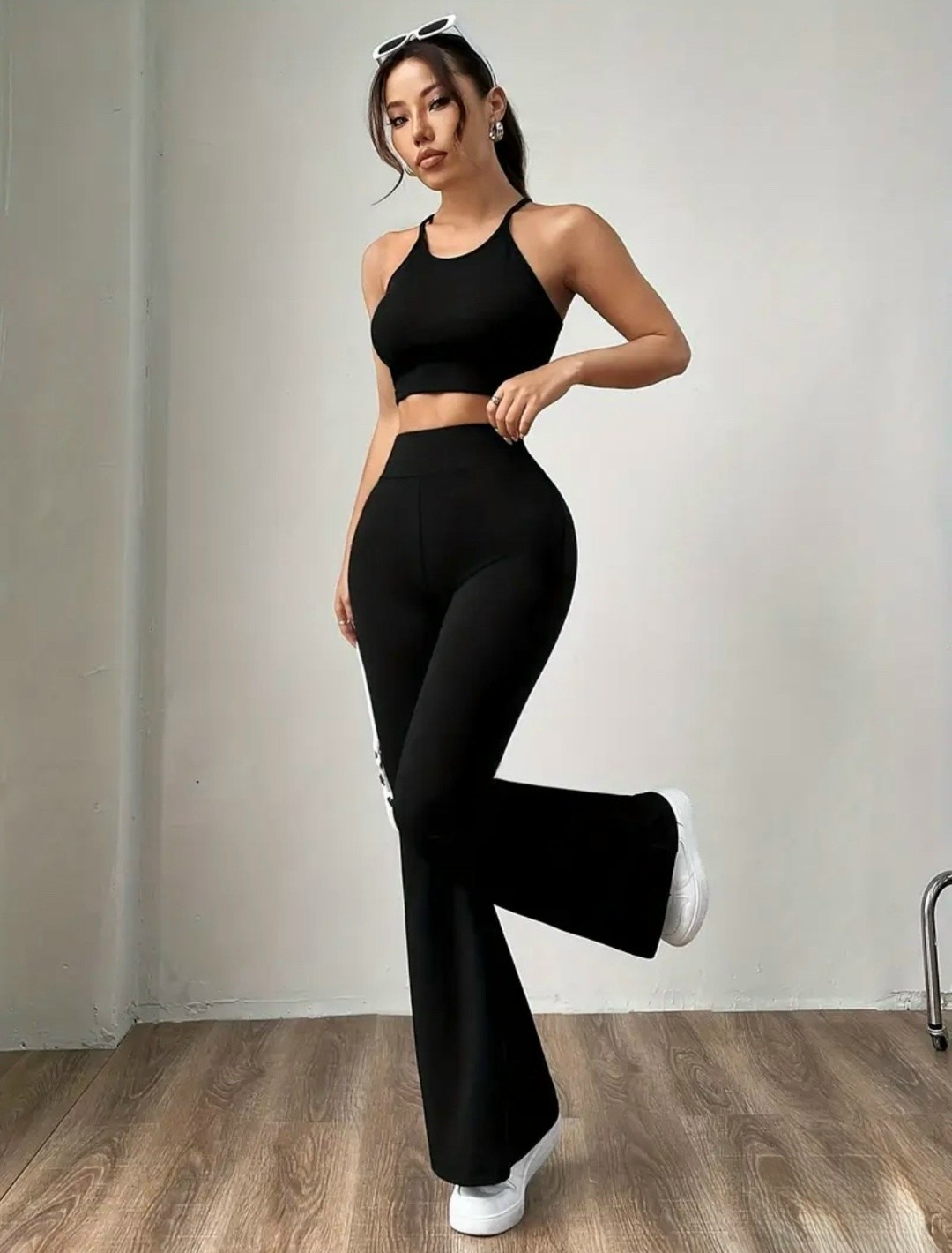 женские весенне-летние облегающие расклешенные брюки с высокой талией,женские леггинсы с высокой талией и широкими штанинами - черные,женские летние брюки-клеш с v-образным вырезом,женские черные раск