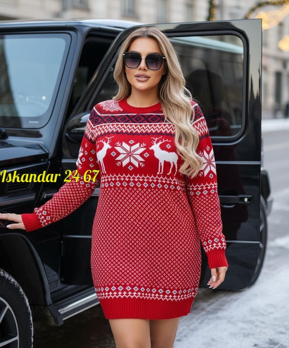 платье женская,платье вязаное,туника вязаная с оленями,платье теплое,туника женская