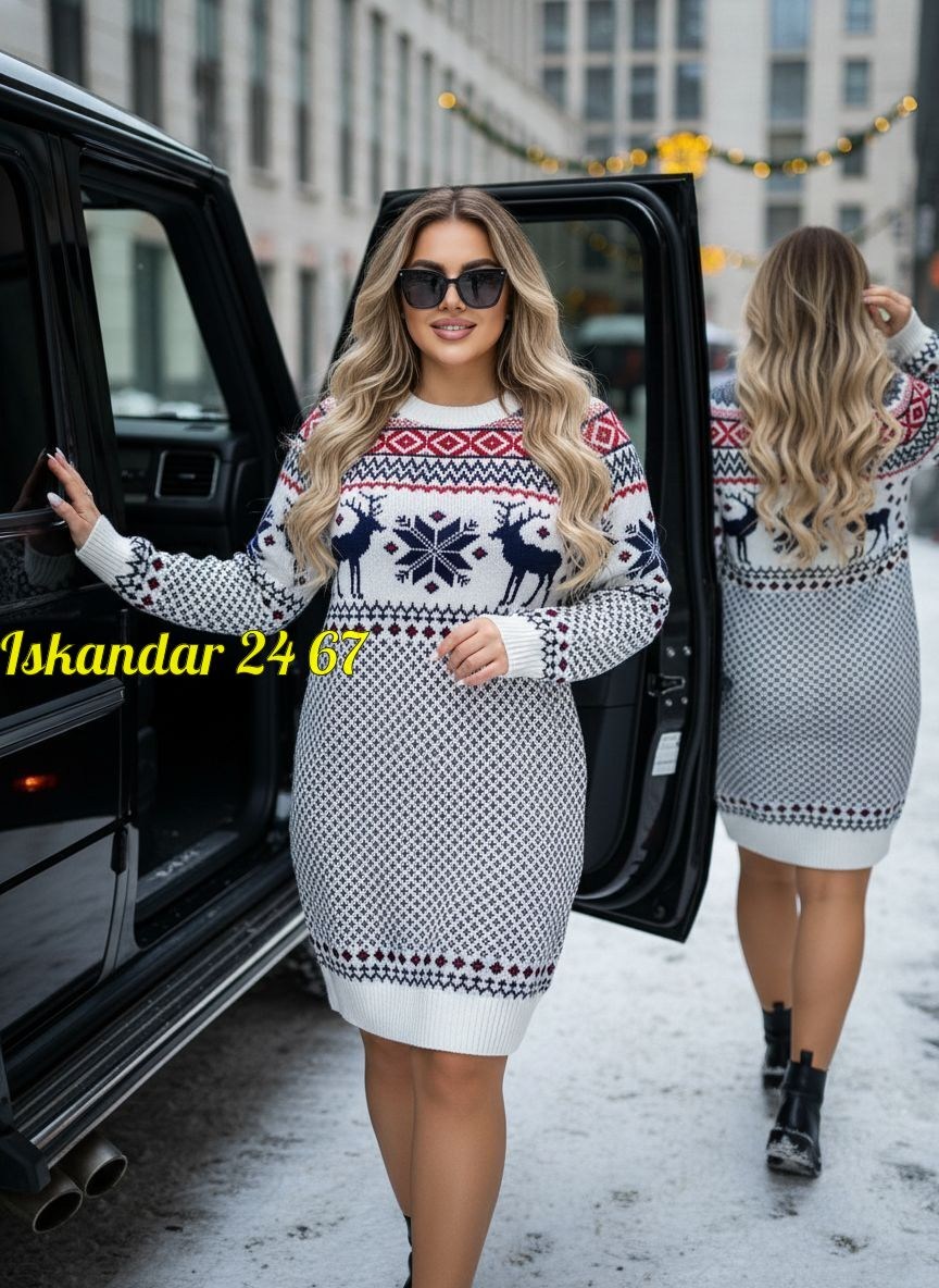 платье женская,платье вязаное,туника вязаная с оленями,платье теплое,туника женская