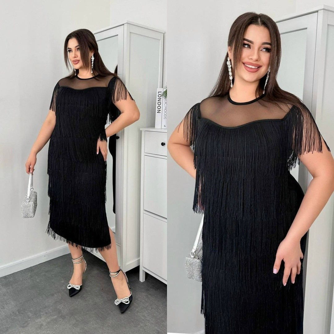 платье с бахромой нарядное большой размер arno цвет черный,платье с бахромой для полных,платье с бахромой нарядное большой размер arno 478483059,платье с бахромой нарядное большой размер arno 30446904