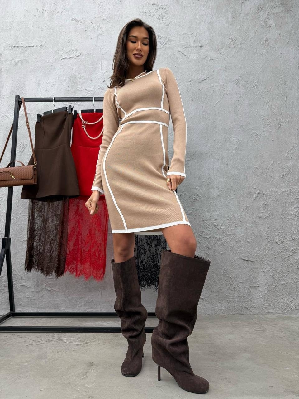 трикотажное платье,платье женское,теплое платье,платье,платье лапша вечернее праздничное трикотажное мини летнее budad цвет коричневый
