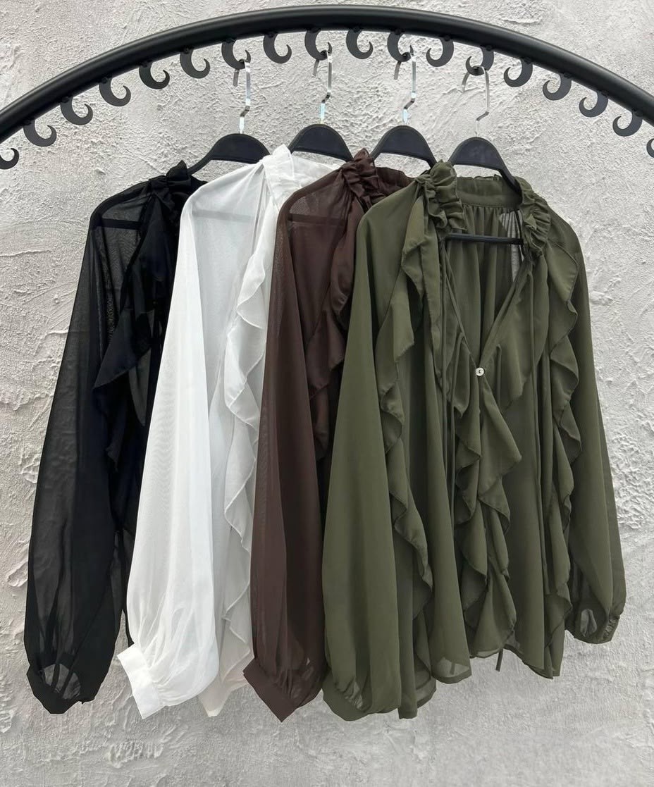 женская блуза,блуза из шифона,блузка из шифона,блузка шифоновая на завязках с воланами цвет: коричневый,блузка с воланами из шифона черный