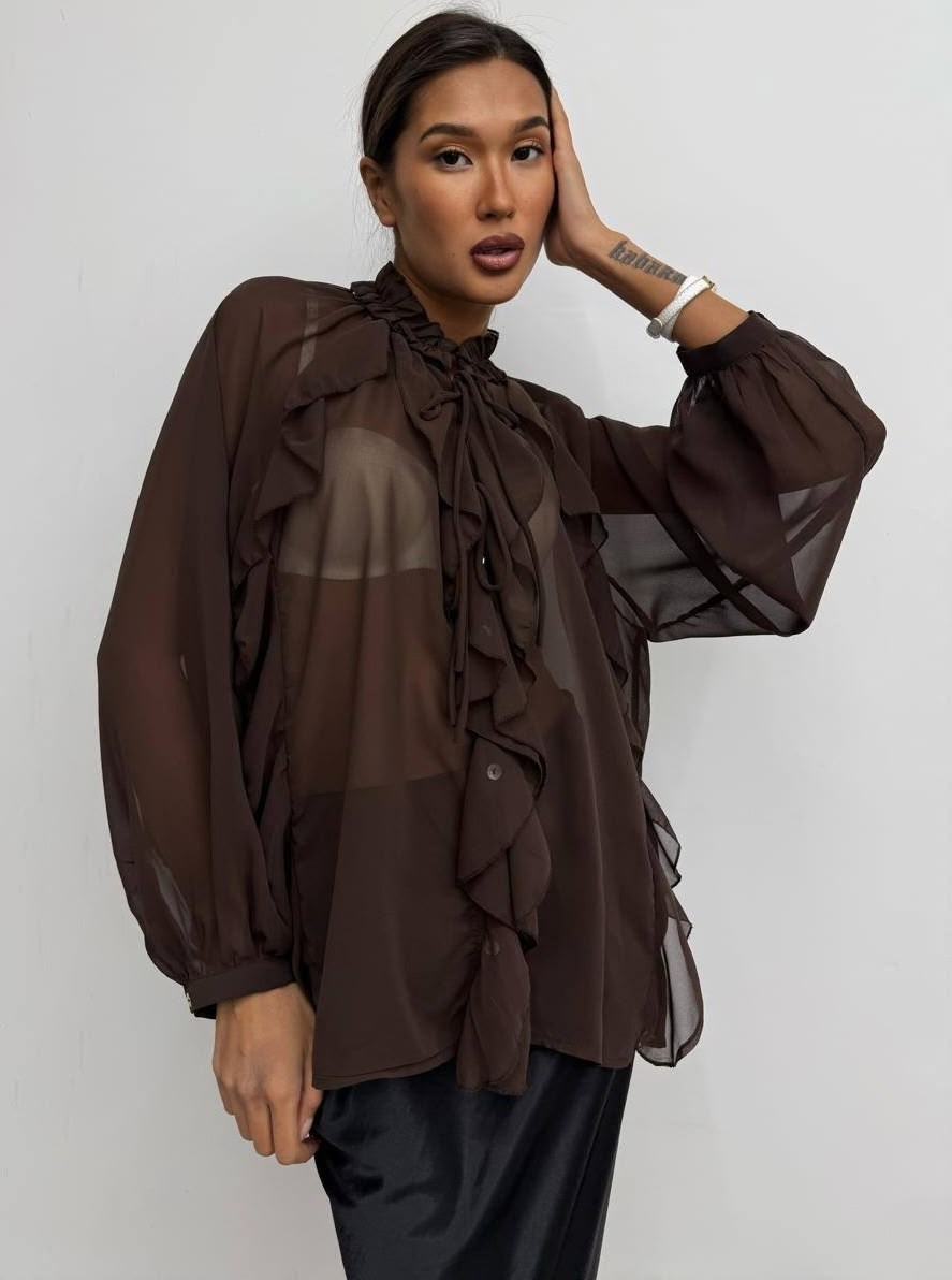 женская блуза,блуза из шифона,блузка из шифона,блузка шифоновая на завязках с воланами цвет: коричневый,блузка с воланами из шифона черный