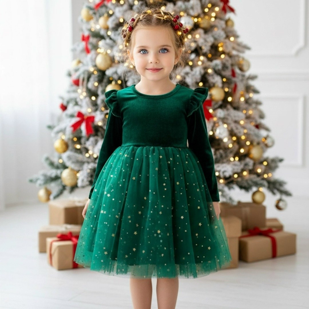 новогоднее платье,изумрудное платье для девочки,платье зеленое для девочки,платье принцессы,рождественское платье для девочек