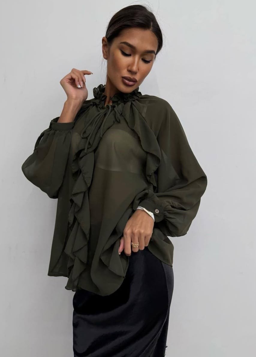 женская блуза,блуза из шифона,блузка из шифона,блузка шифоновая на завязках с воланами цвет: коричневый,блузка с воланами из шифона черный