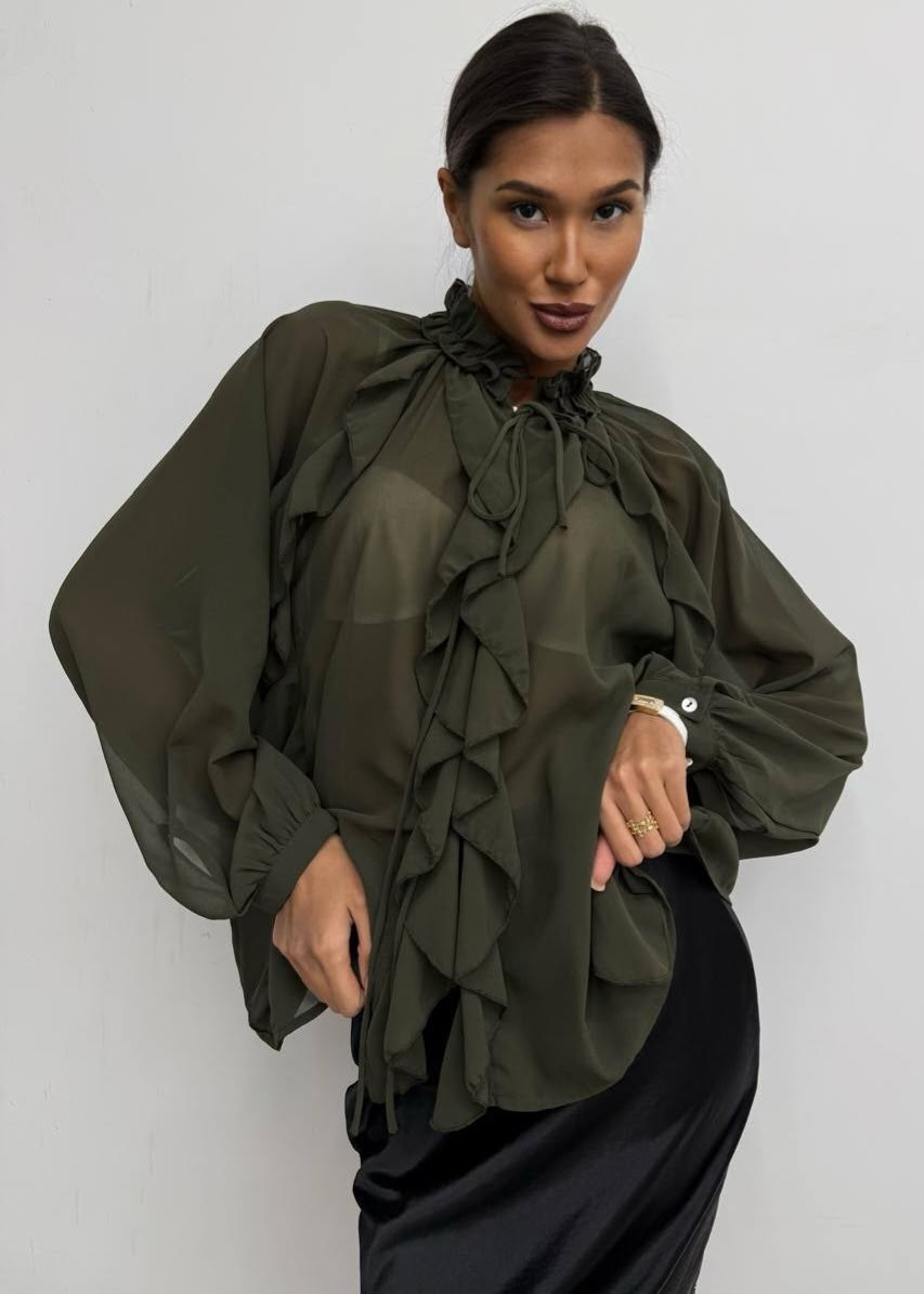 женская блуза,блуза из шифона,блузка из шифона,блузка шифоновая на завязках с воланами цвет: коричневый,блузка с воланами из шифона черный