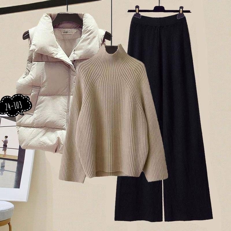 комплект одежды женские,комплекты одежды,трикотажные костюмы,костюм женский тройка,женский утепленный жилет, вязаный свитер с высоким воротником, широкие брюки