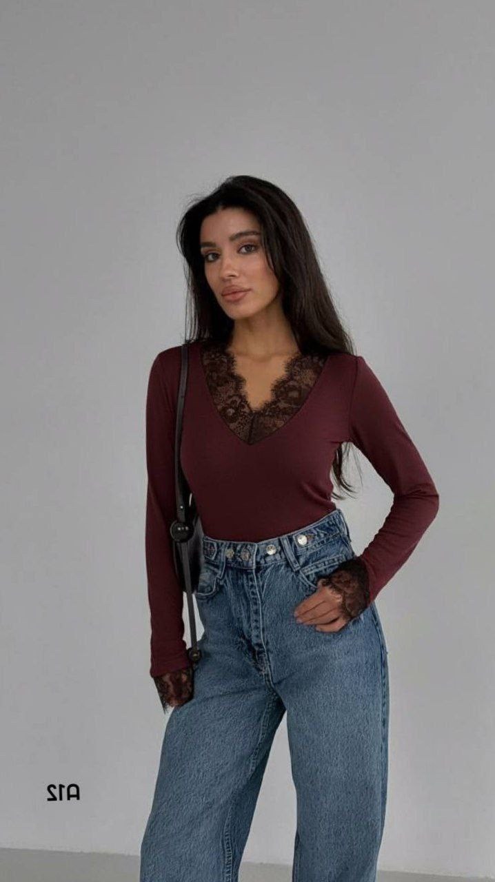 лонгслив с кружевом женский,кружевная блузка,кружевная блузка с v-образным вырезом,блузки,кружевная блузка с v-образным вырезом 9kxk2-43175-02 xhan