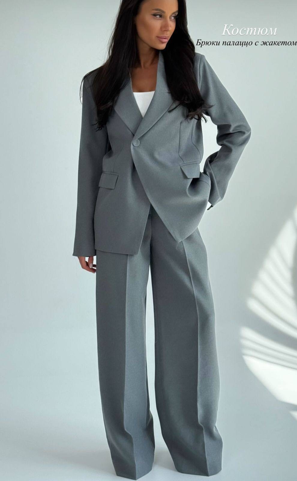 классический брючный костюм с пиджаком cosmo brand,брючный костюм,серый брючный костюм,женский брючный костюм,классический брючный костюм