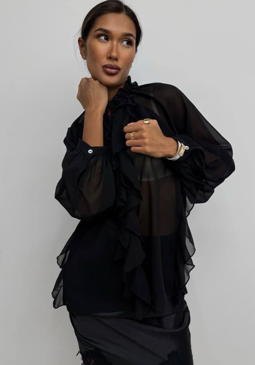 женская блуза,блуза из шифона,блузка из шифона,блузка шифоновая на завязках с воланами цвет: коричневый,блузка с воланами из шифона черный