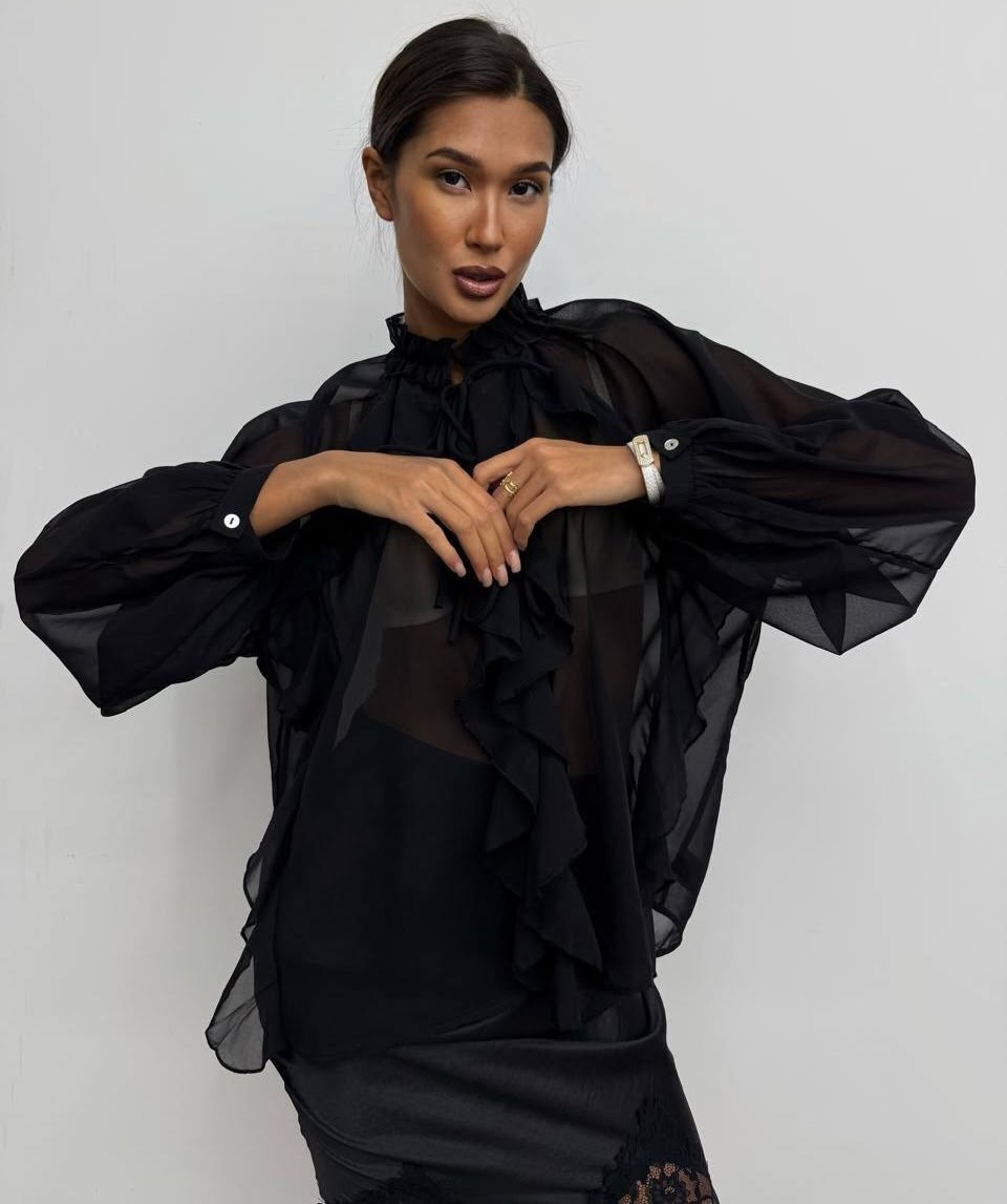 женская блуза,блуза из шифона,блузка из шифона,блузка шифоновая на завязках с воланами цвет: коричневый,блузка с воланами из шифона черный