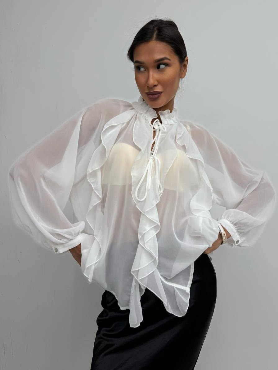 женская блуза,блуза из шифона,блузка из шифона,блузка шифоновая на завязках с воланами цвет: коричневый,блузка с воланами из шифона черный