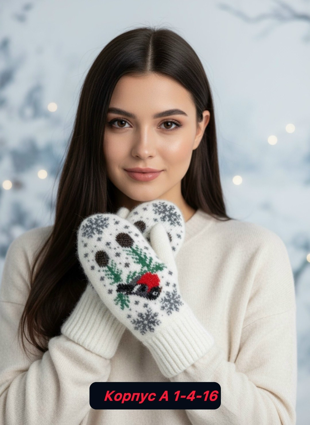 варежки женские теплые,варежки шерстяные с принтом "снегири",варежки женские,женские шерстяные варежки со снегирями,варежки женские зимние