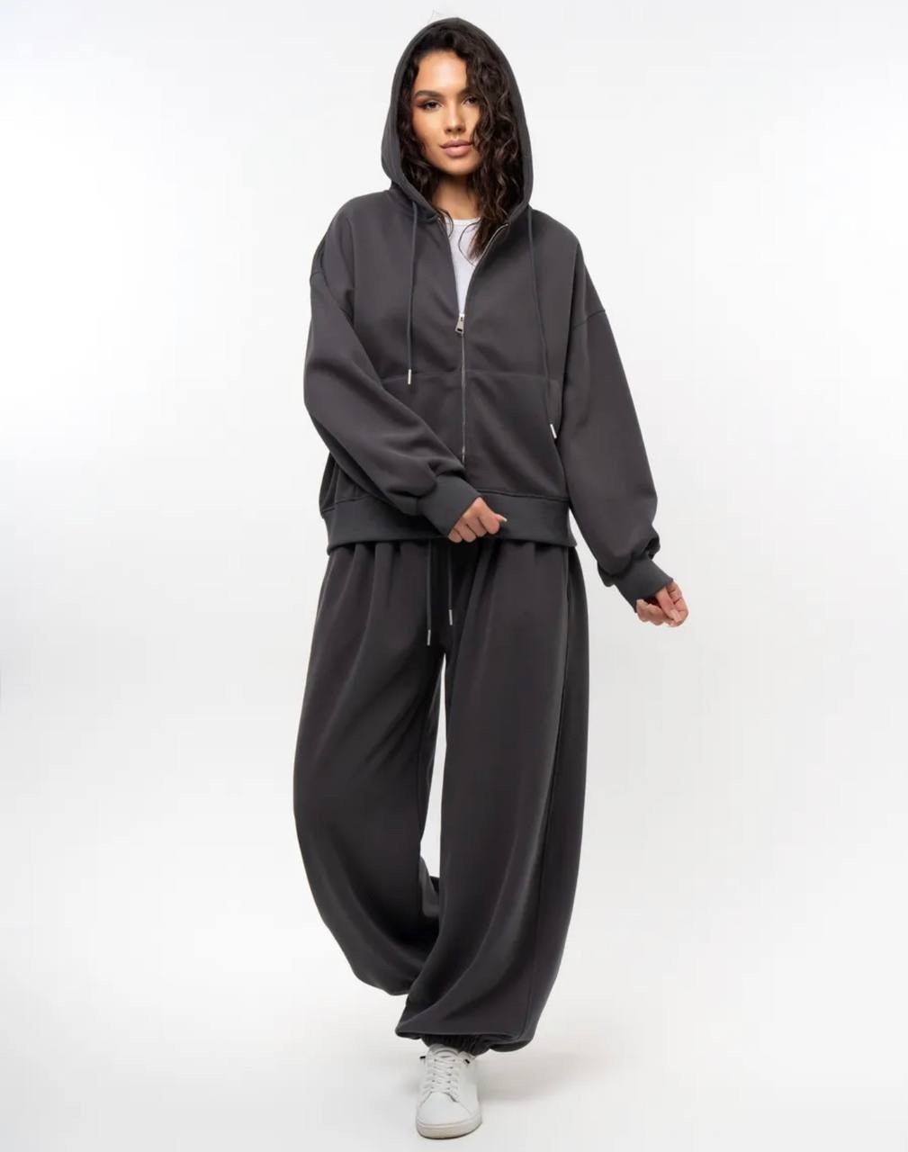 спортивный костюм на молнии без начеса оверсайз modern_girlie цвет графит,костюм оверсайз,костюм из футера графит женский,брюки из футера,широкие трикотажные брюки
