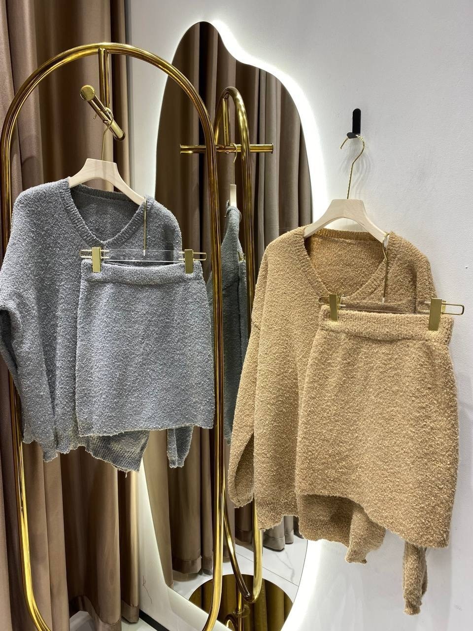 трикотажный костюм,юбка с кофтой оверсайз,теплый костюм с юбкой,трикотажный теплый костюм с юбкой,костюм женский whiteroom кд6 бежевый 42-48 ru