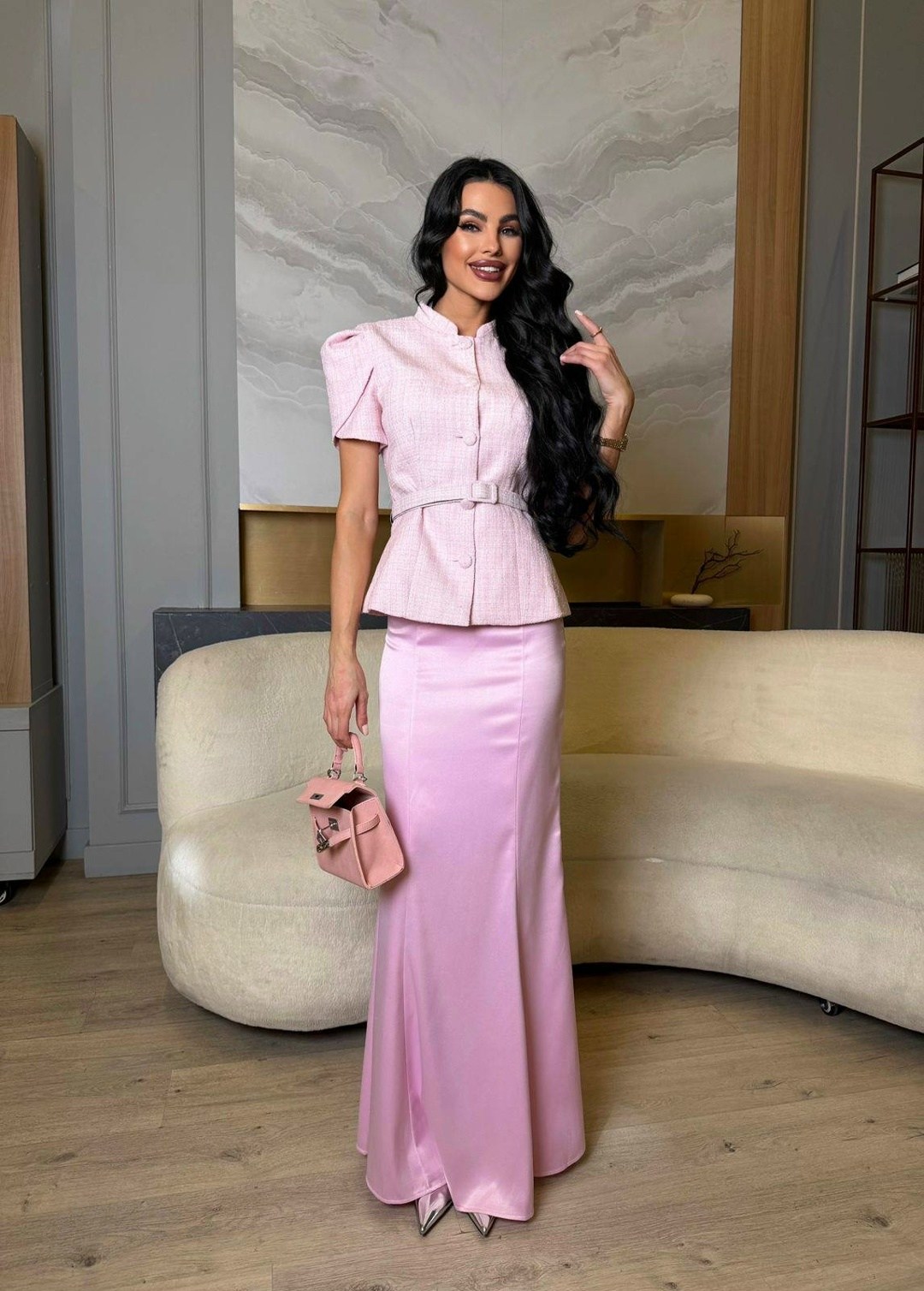 розовый женский костюм и юбка,атласное платье,элегантный вечерний женский костюм с блузой и юбкой в стиле романтик,костюм с юбкой,женский костюм