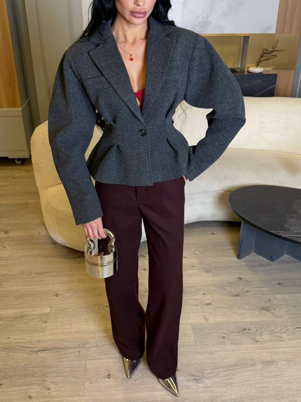 брючный костюм,женский брючный костюм,стильный женский костюм (пиджак и брюки палаццо),укороченный жакет из костюмной ткани шоколадного цвета annete a5210,жакет стильный