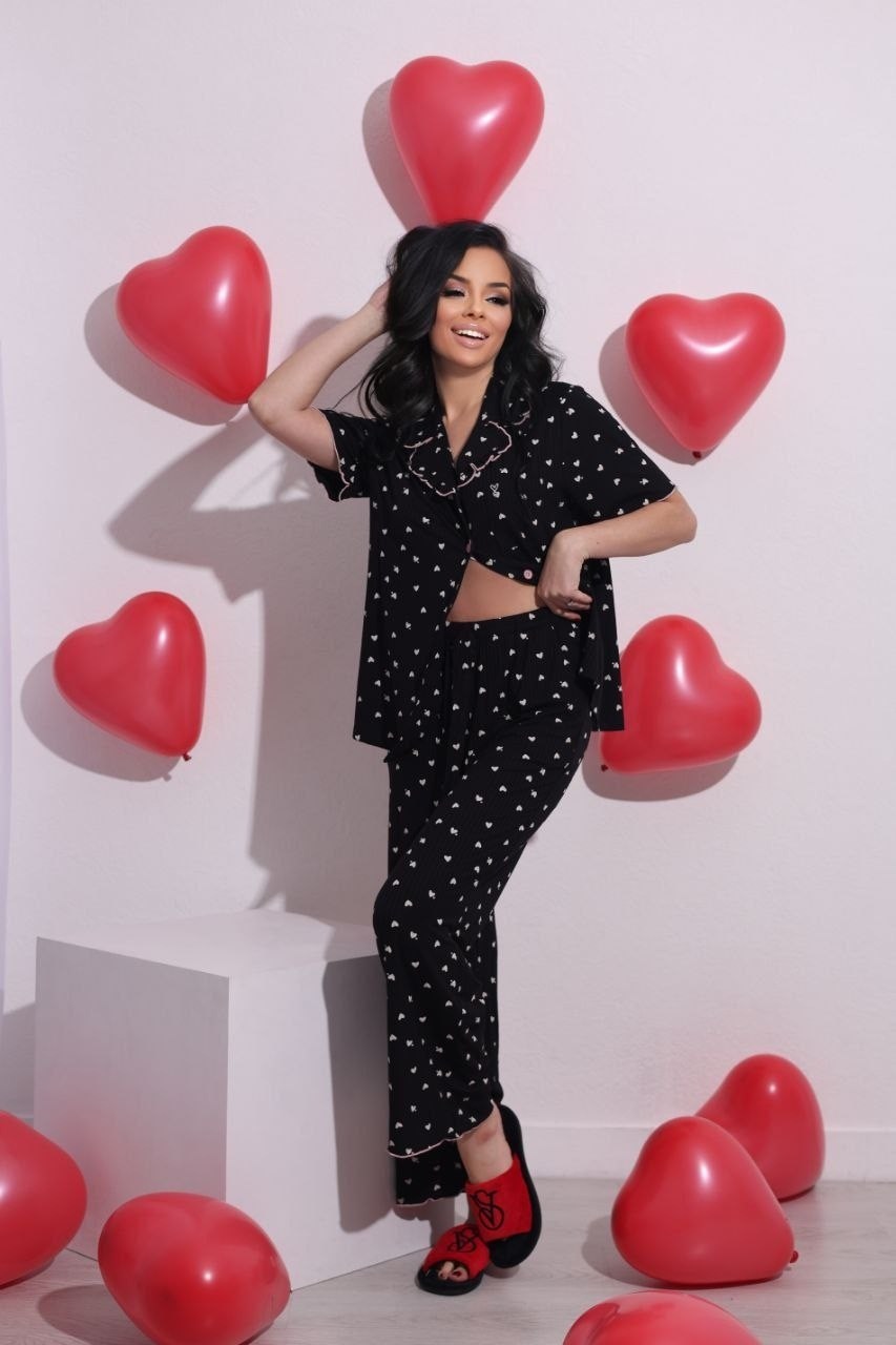 домашняя пижама со штанами и рубашкой с сердечками q&h fashion,пижама женская,костюм пижама с брюками,пижама со штанами и рубашкой сердечки,домашний костюм пижама