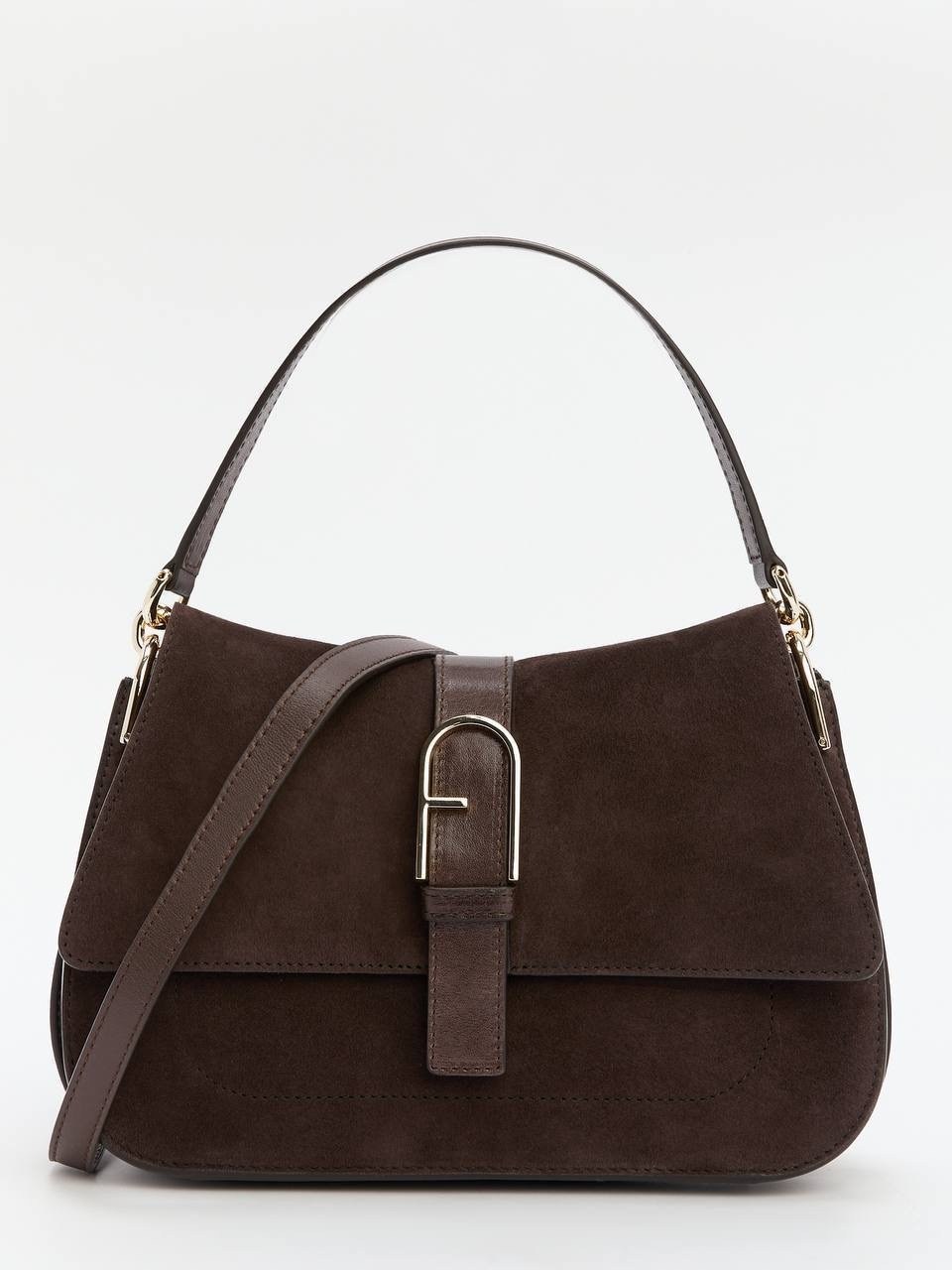 женская коричневая сумка flow large furla,сумка furla flow l из натуральной замши,сумка furla flow темно коричневая,женская сумка через плечо furla коричневая,сумка flow large furla wb01040/bx3354 кор