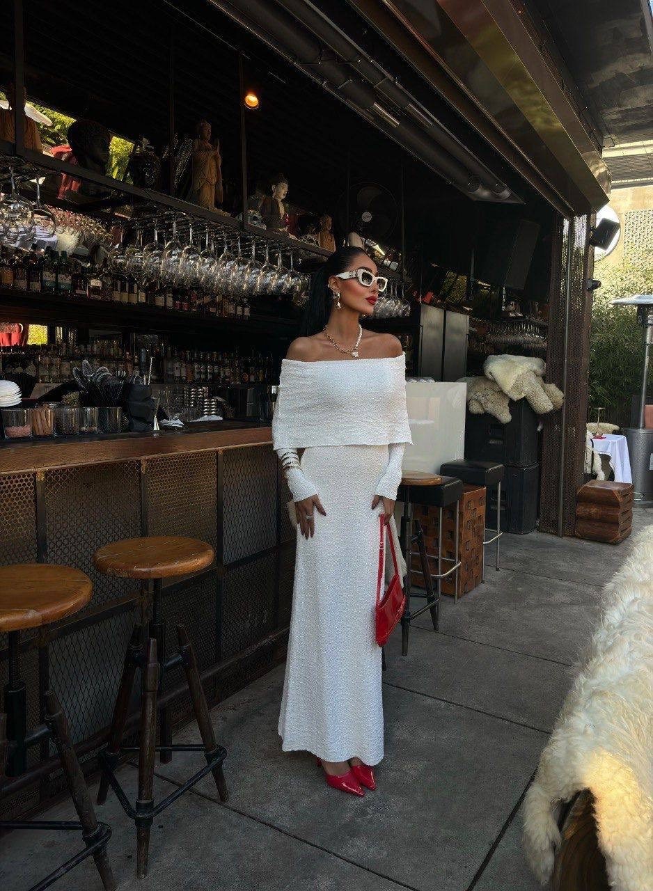 платье премиум,трикотажное платье с открытыми плечами,платье стильное,вязаное длинное платье,платье в стиле