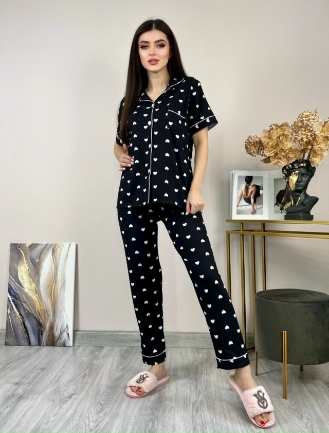 женская пижама со штанами и рубашкой с сердечками,женская пижама,домашняя пижама со штанами и рубашкой с сердечками q&h fashion,пижама,пижама со штанами и рубашкой с сердечками