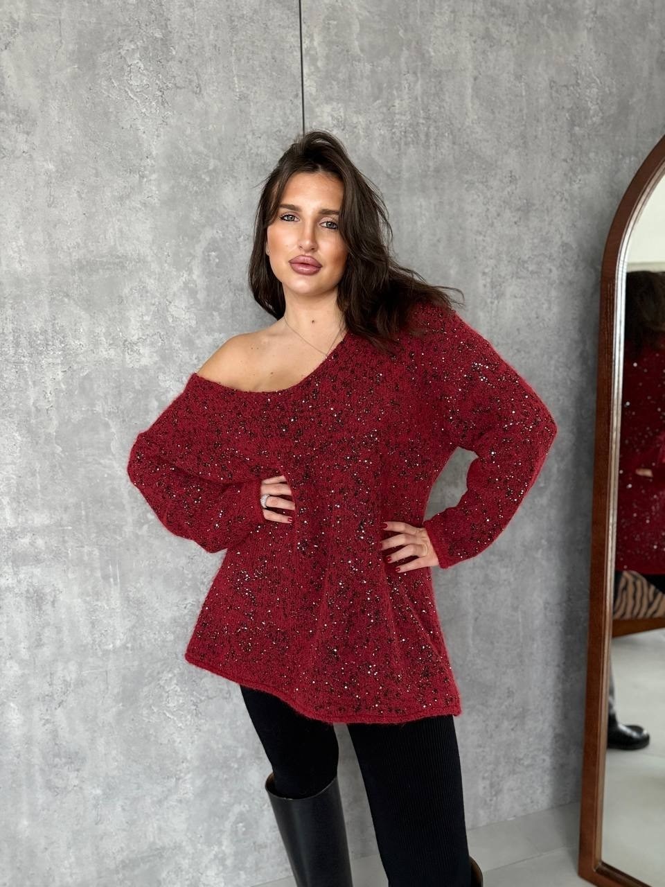 джемпер вязаный женский крупной вязки с пайетками бордовый,кофта женская,бордовый свитер,джемпер женский,вязаный свитер