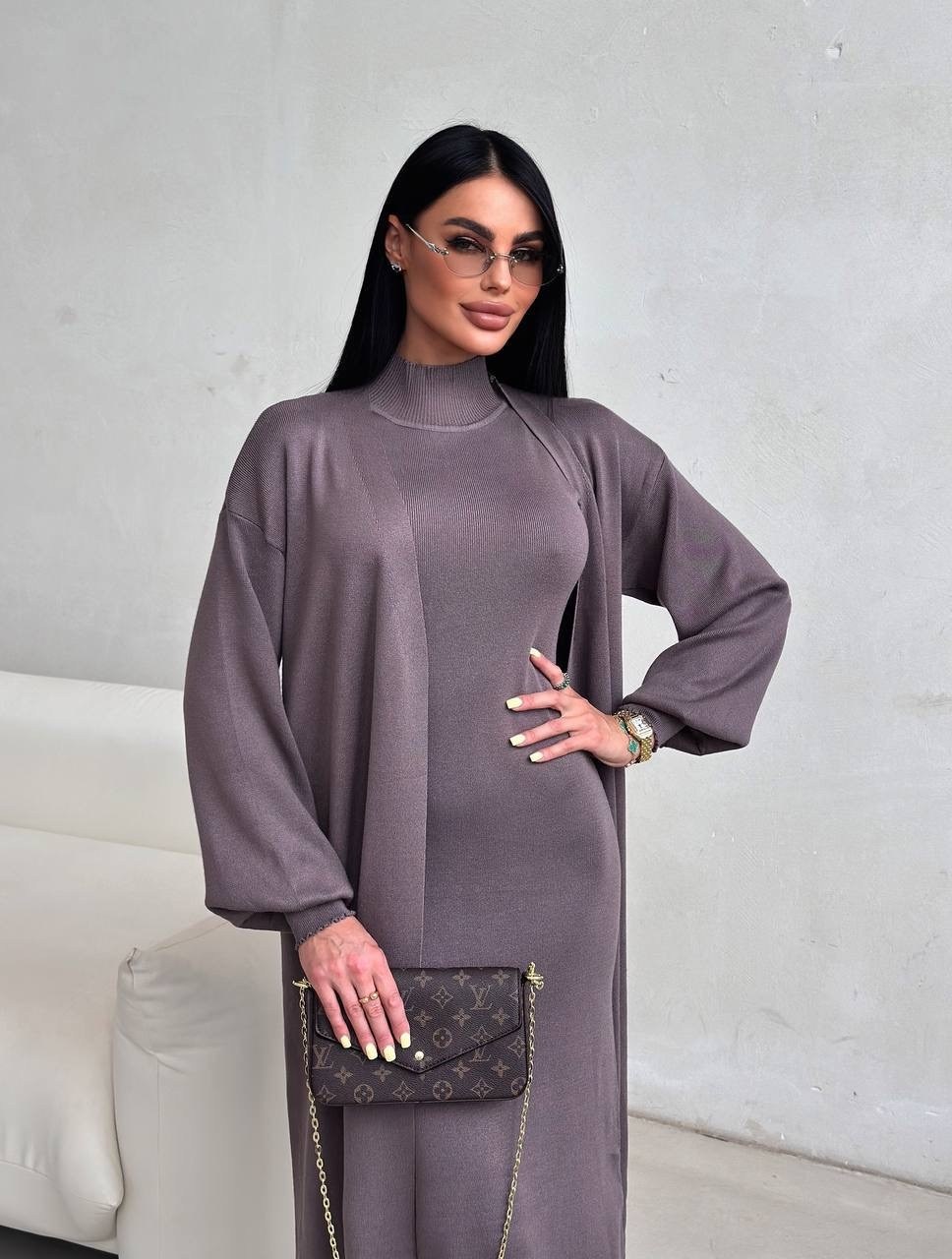 костюм двойка женский платье кардиган,двойка платье и кардиган,платье кардиган,платье лапша с кардиганом,костюм whiteroom женский двойка: платье с кардиганом и поясом темно-серый