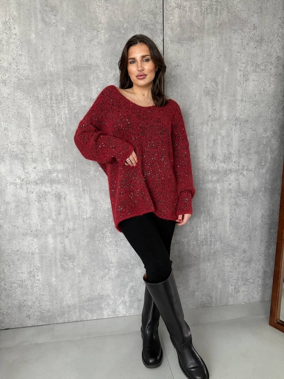 джемпер вязаный женский крупной вязки с пайетками бордовый,кофта женская,бордовый свитер,джемпер женский,вязаный свитер