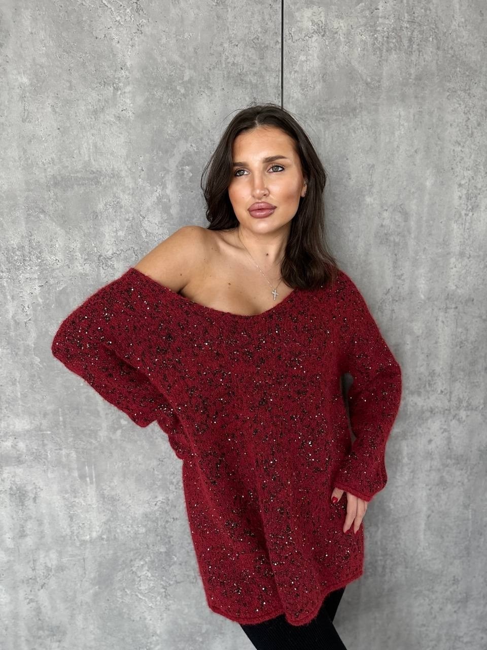 джемпер вязаный женский крупной вязки с пайетками бордовый,кофта женская,бордовый свитер,джемпер женский,вязаный свитер