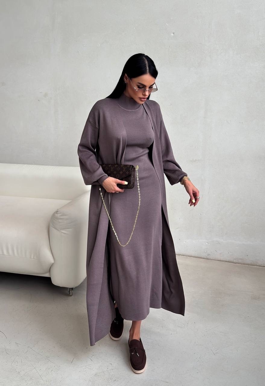 костюм двойка женский платье кардиган,двойка платье и кардиган,платье кардиган,платье лапша с кардиганом,костюм whiteroom женский двойка: платье с кардиганом и поясом темно-серый