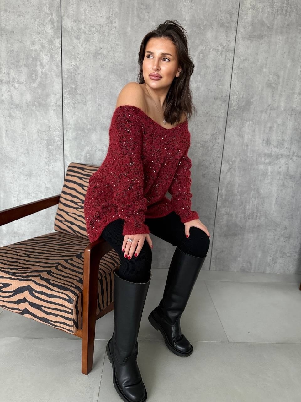 джемпер вязаный женский крупной вязки с пайетками бордовый,кофта женская,бордовый свитер,джемпер женский,вязаный свитер